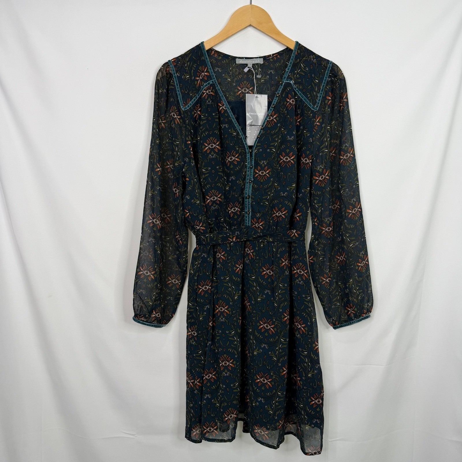 Daniel Rainn Floral Long Sleeve Mini Dress Velvet Trim Teal Size SP NEW