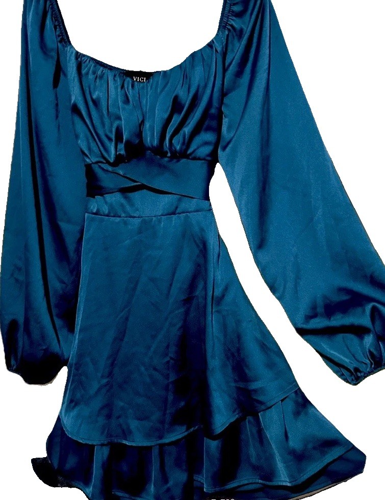 Vici Dress M Teal Satin Long Sleeve Mini Size Medium