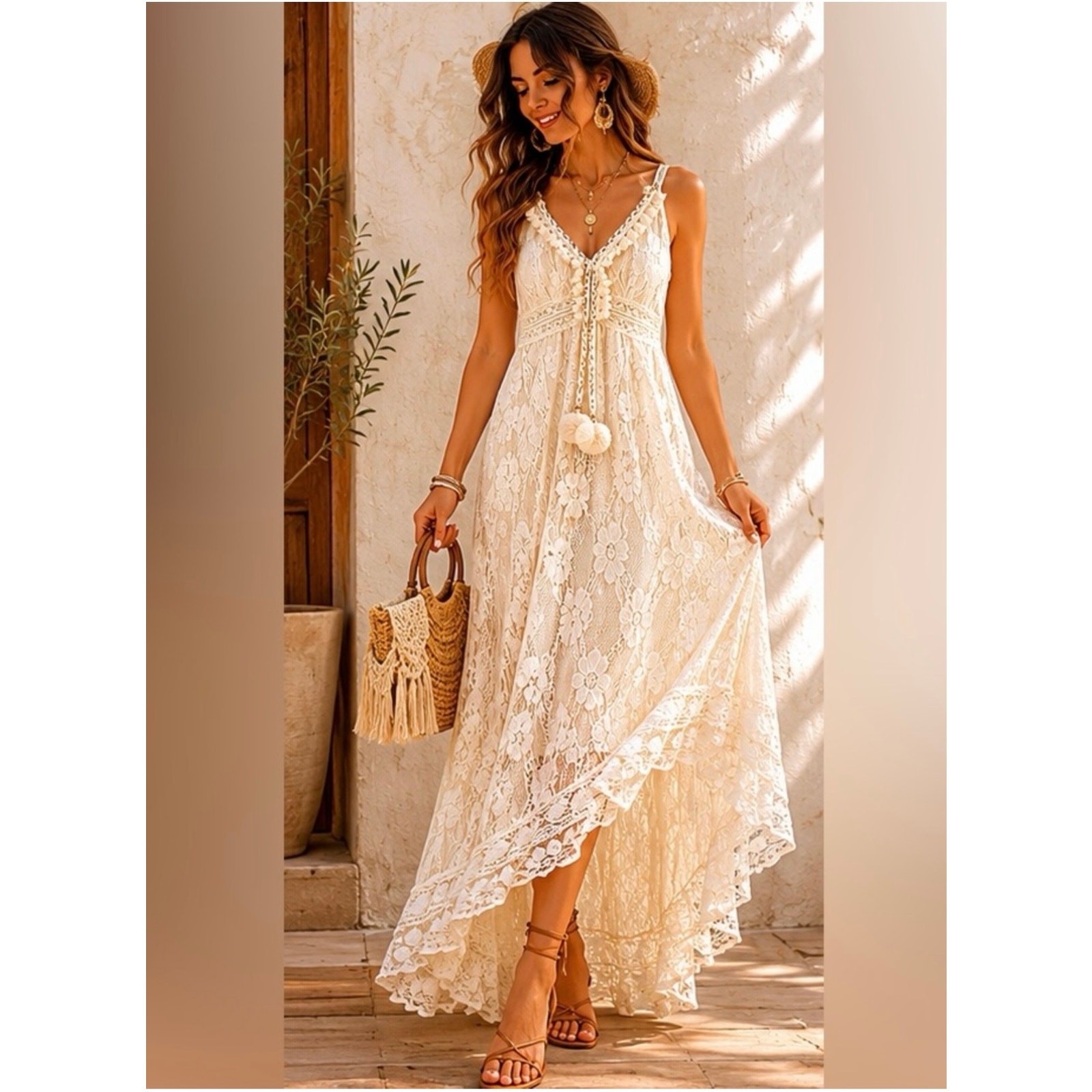 Cupshe Lace Maxi Dress Sz M Cream Ivory Boho High Low Pom Pom Crochet Trim NWT