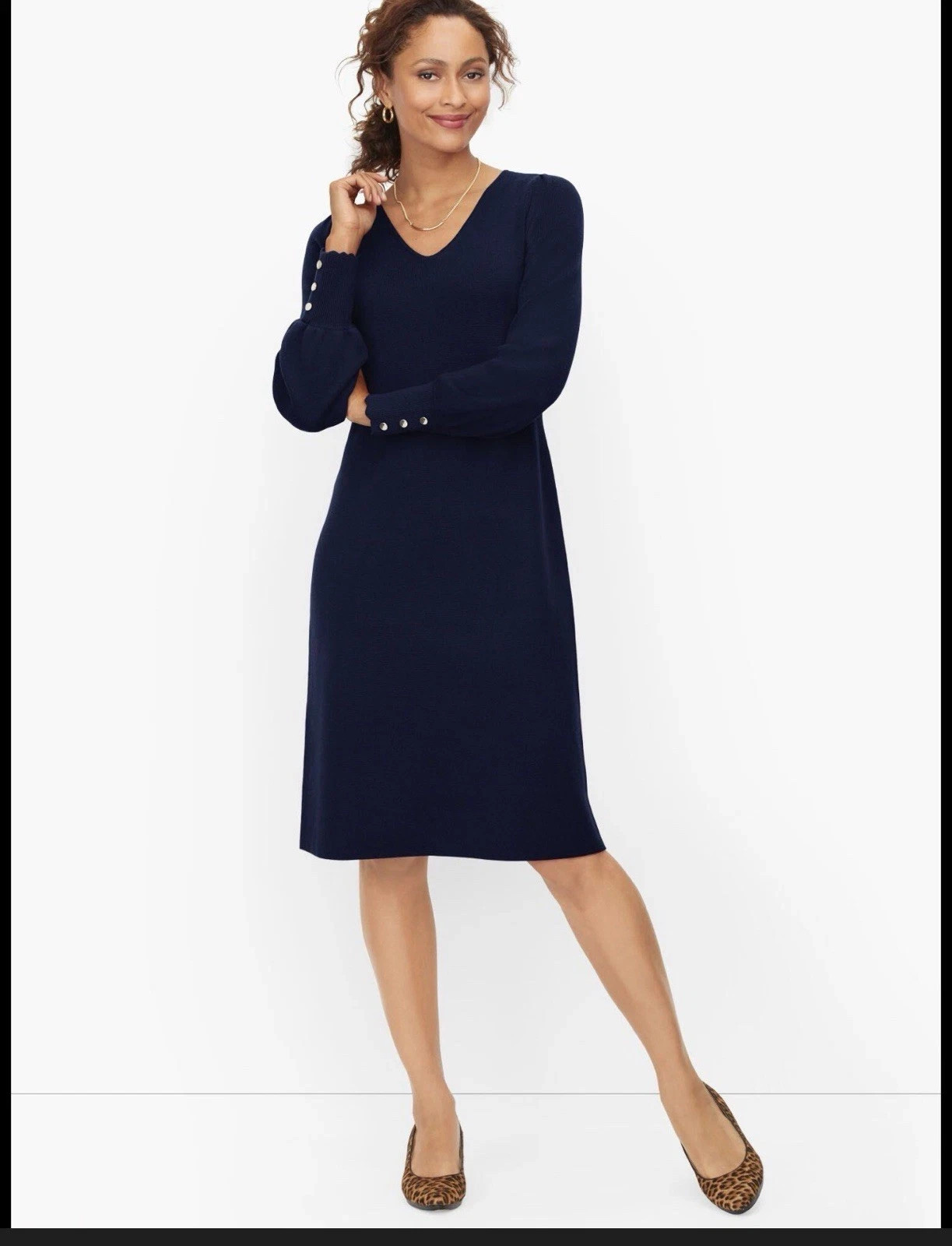 Talbots Navy Blue 100% Merino Wool V Neck Sweater Knit Dress Size PS Classic