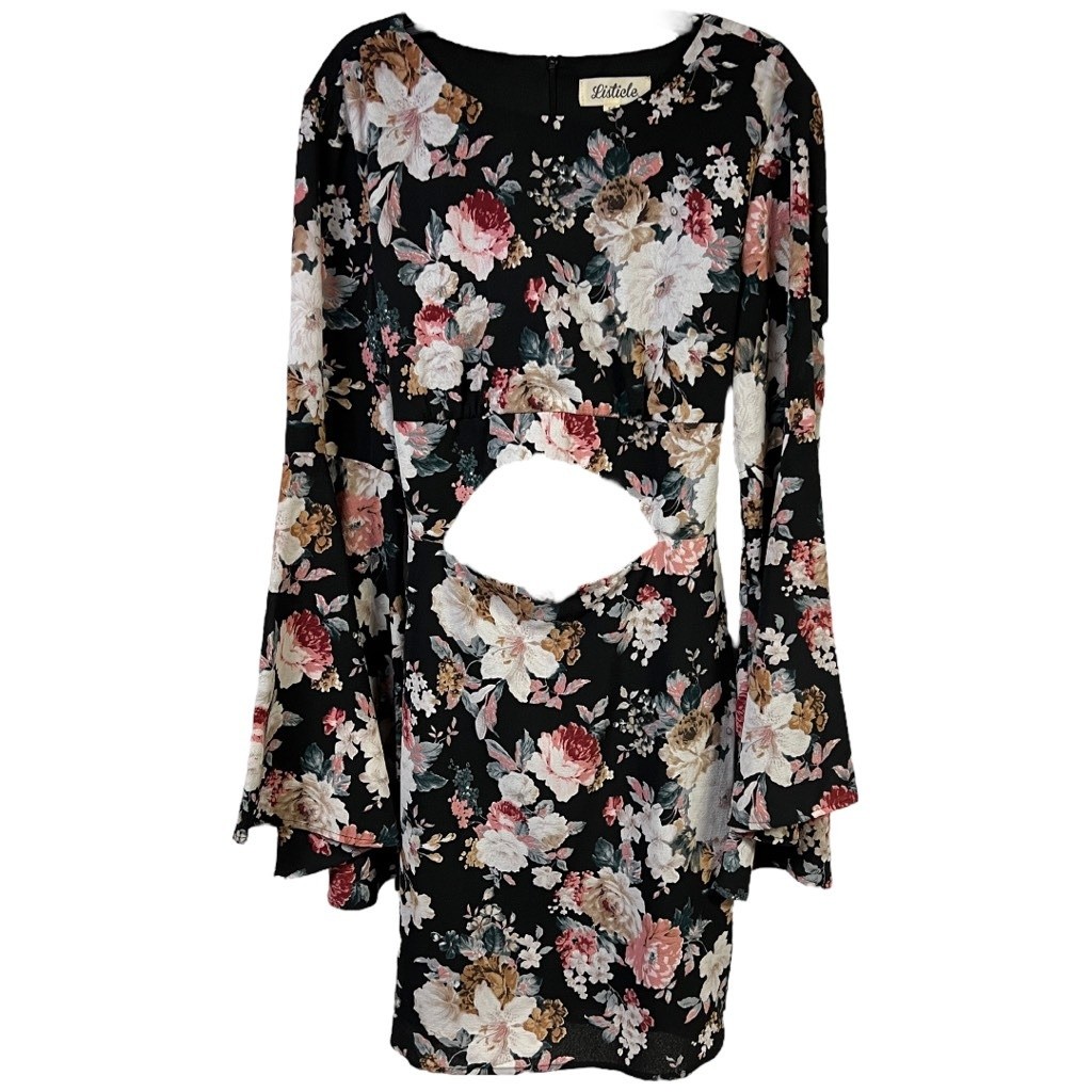 Listicle Mini Dress Large Multicolor Floral Bell Sleeve Cutout Boho Chic Trendy