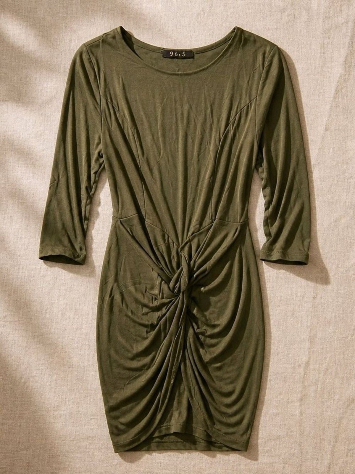 Knot-Front Olive Green Midi Dress with Three-Quarter Sleeves