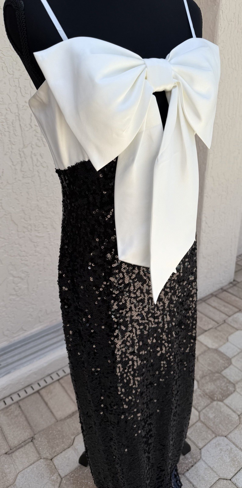 Black Sequined Evening Gown With White Satin Bow. Juniors Size 11-12 Worn Once