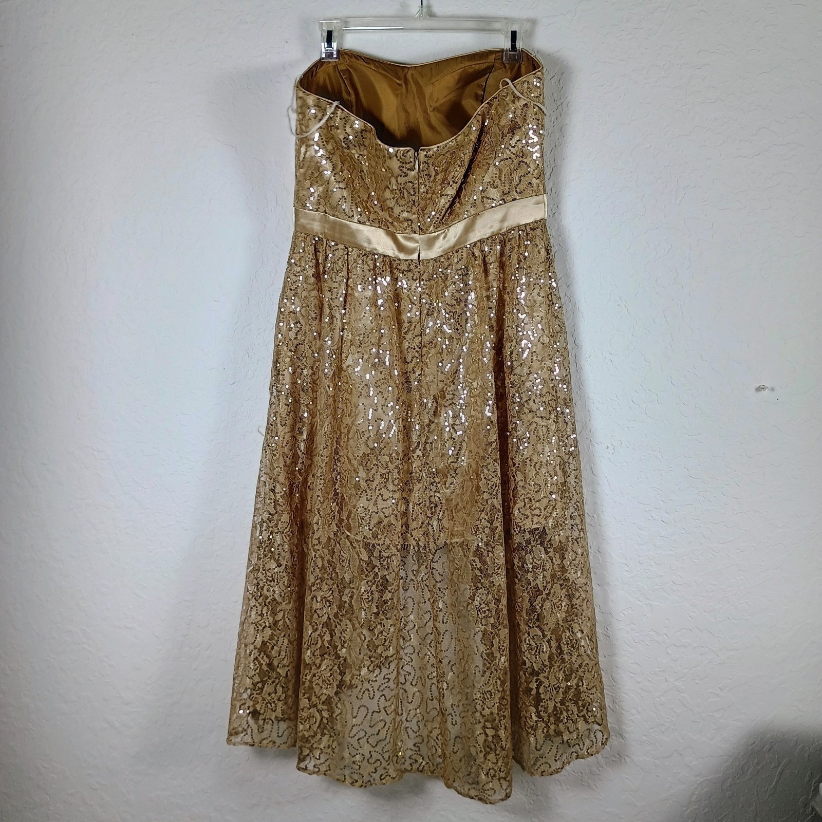 Jump Apparel Gold Sequin Lace Strapless Hi Low Dress Formal Evening Sz 13/14