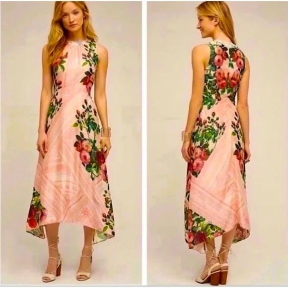 Anthropologie Pankaj & Nidhi Floral Midi Dress 8 Pink Beaded Botanical Coquette