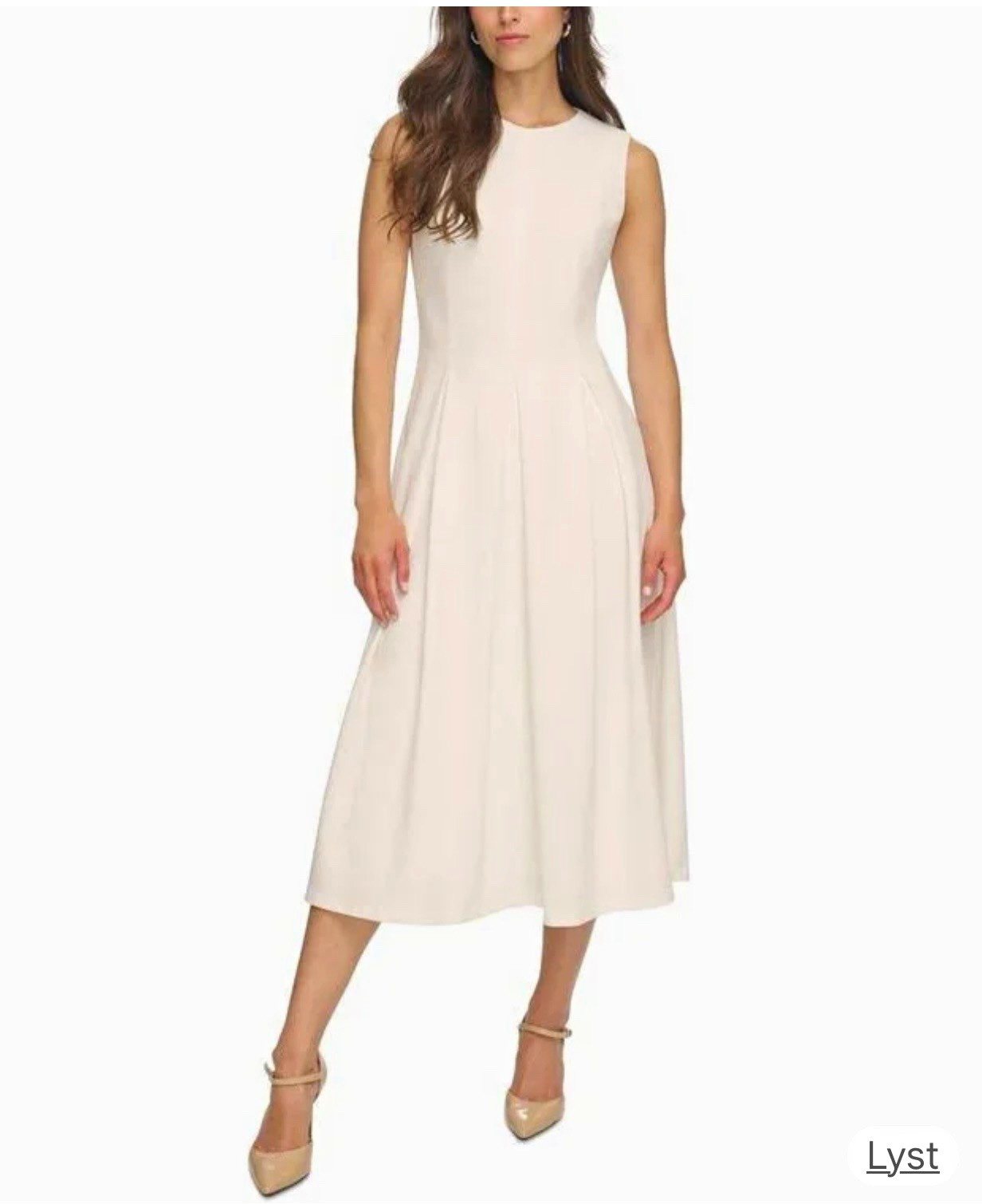 Calvin Klein White Solid Crepe A-Line Pleated Midi Dress Sleeveless Zip 4