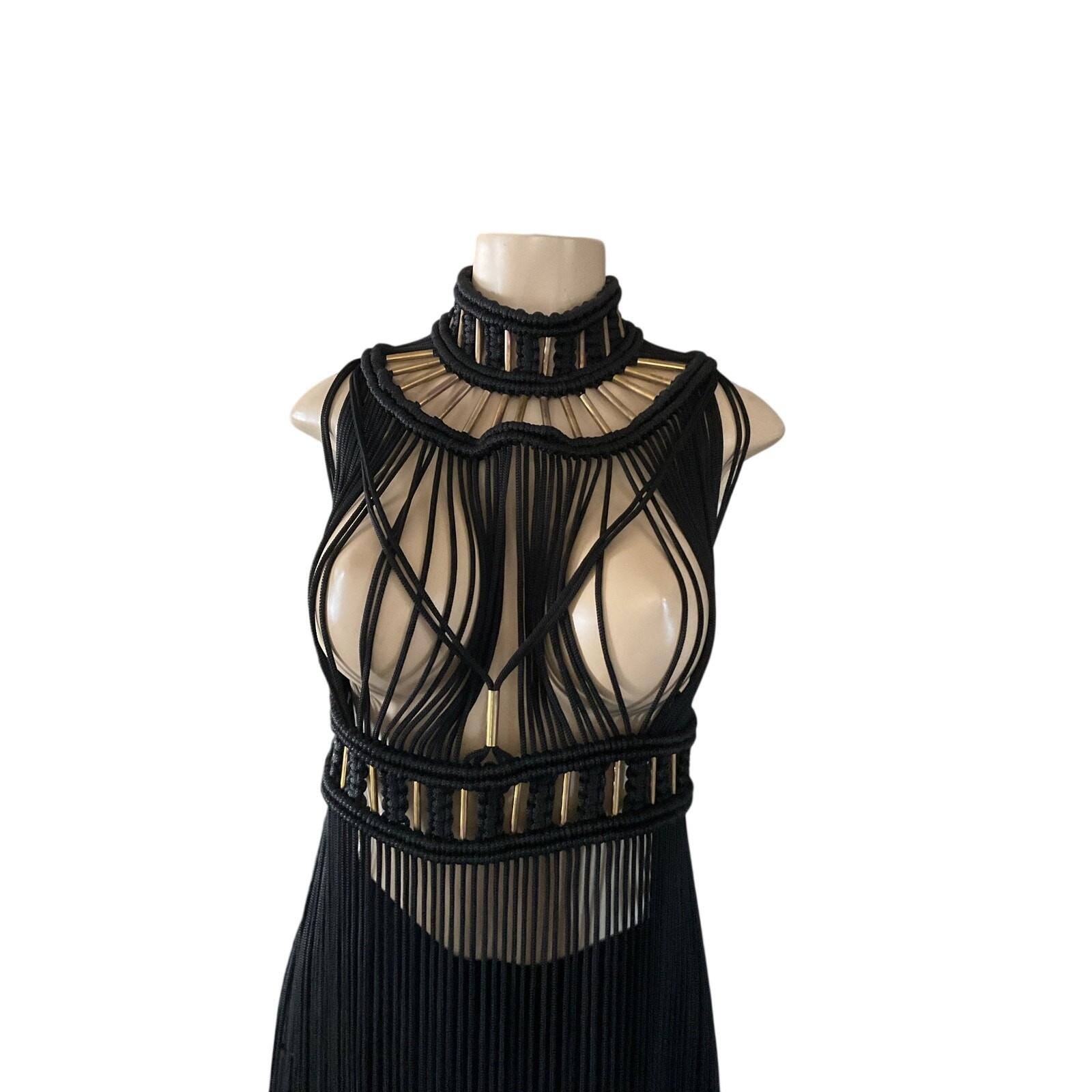 Mexican Handmade Black Fringe Macrame Dress Boho Festival Statement Piece