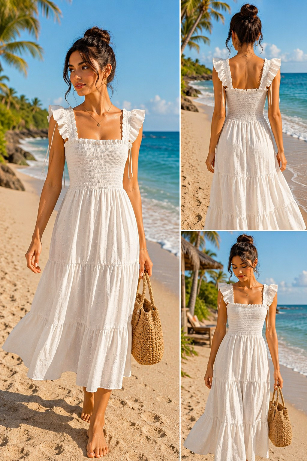 Londontime S White Solid Square Neck Smocked Ruffle Strap Midi A-Line Dress