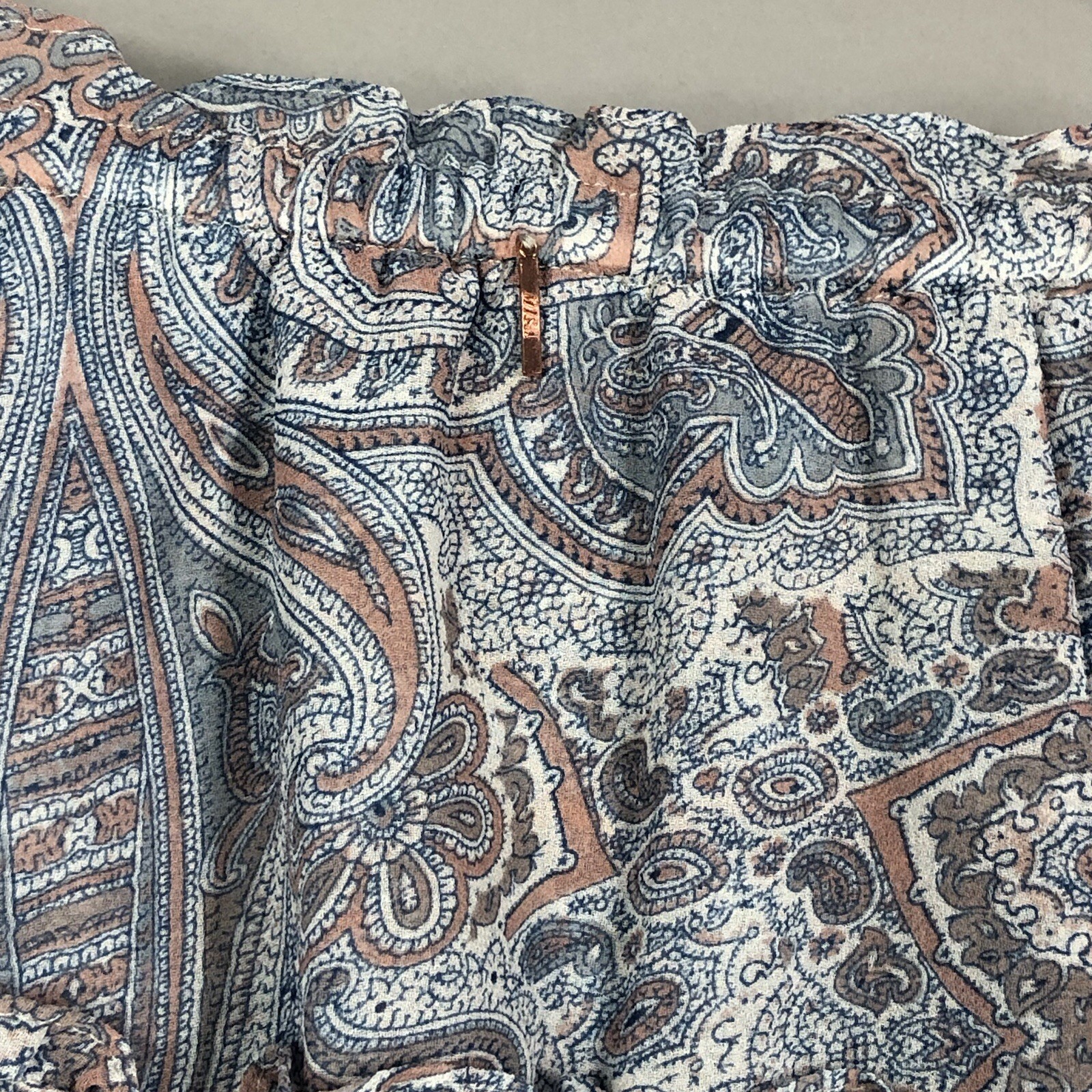 Misa Los Angeles Kailey Paisley Ruffled Off Shoulder Mini Dress SZ S Blue Tiered