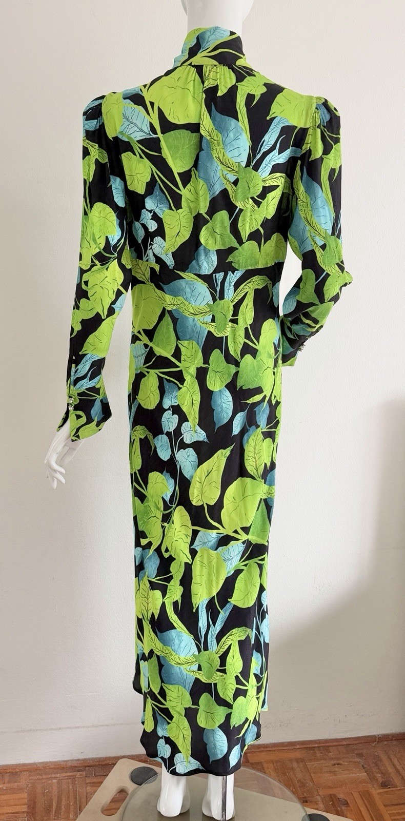 Husk Maxi Dress Green Black Leaf Rare Print Long Sleeve Pussy Bow Size AU 8 S