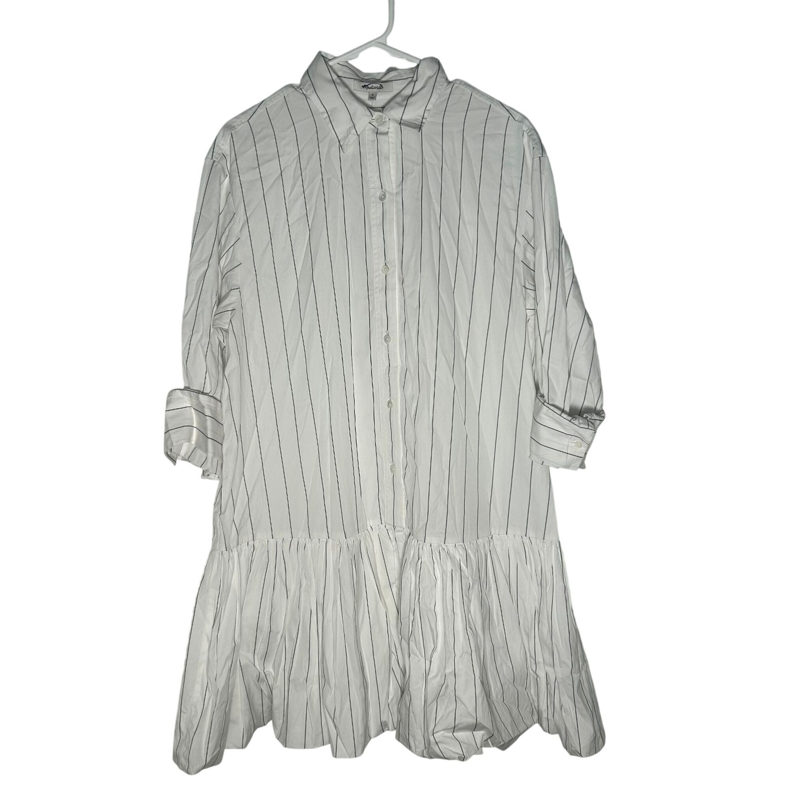 Madewell Bubble-Hem Mini Shirtdress in Pinstripe Poplin Women’s Size Medium NWT!