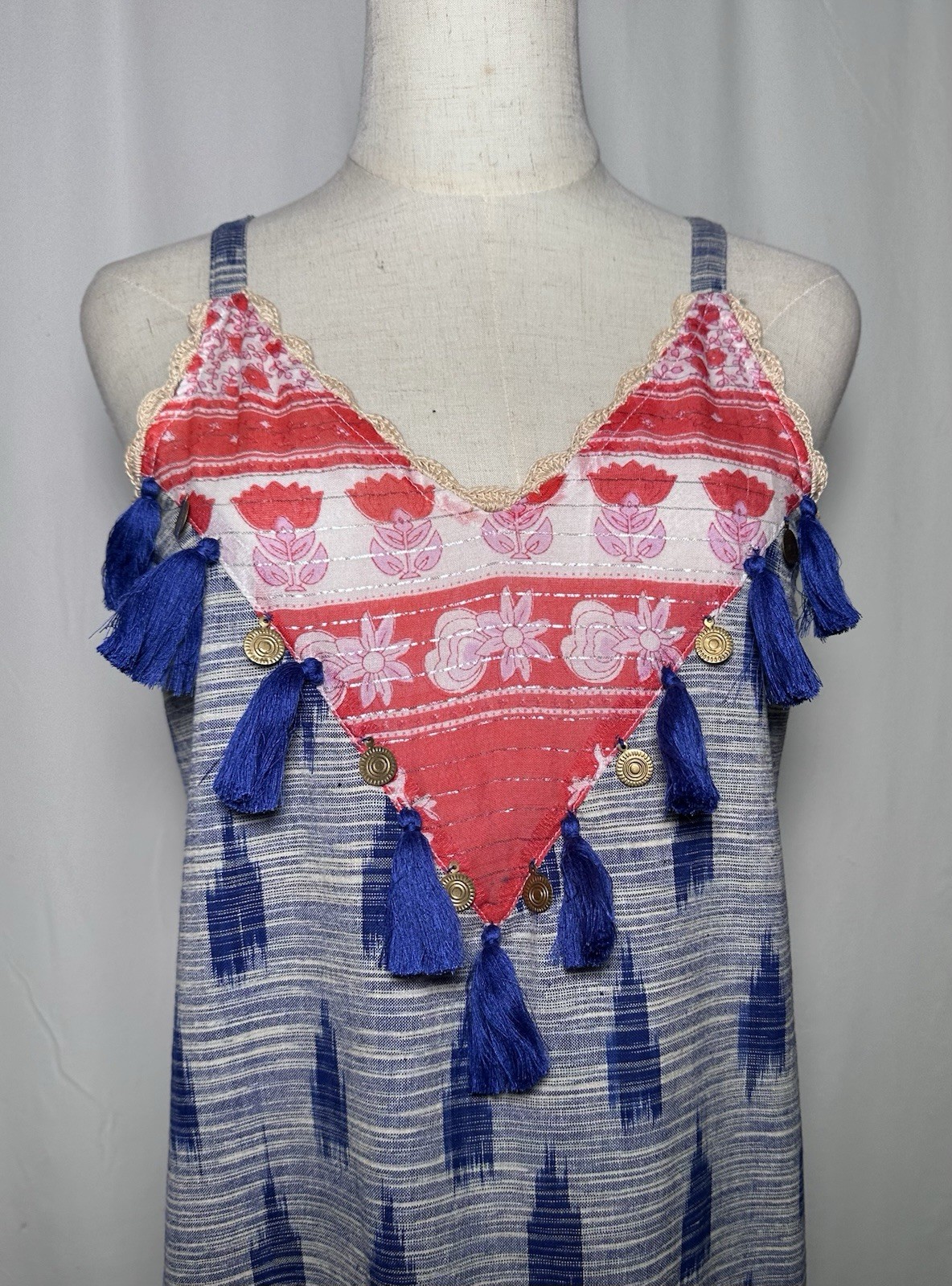 THML Shift Slip On Dress Large Cotton Spaghetti Boho Festival Hippie Tassells