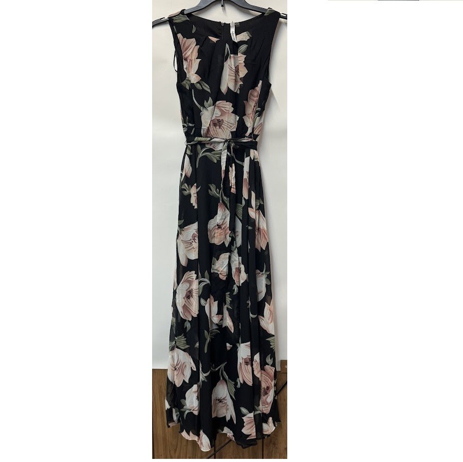 NY Collection Women S Black Pink Floral Sleeveless Tie Waist Maxi Dress NWT CW86