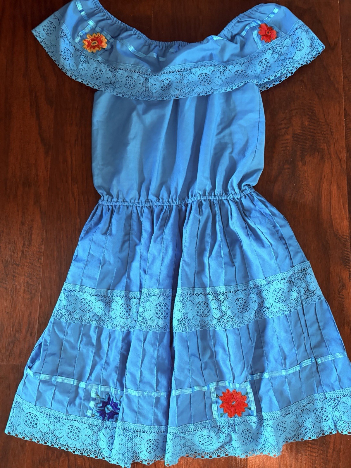 Blue Floral Off Shoulder Lace Embroidered A-Line Knee Dress One Size m
