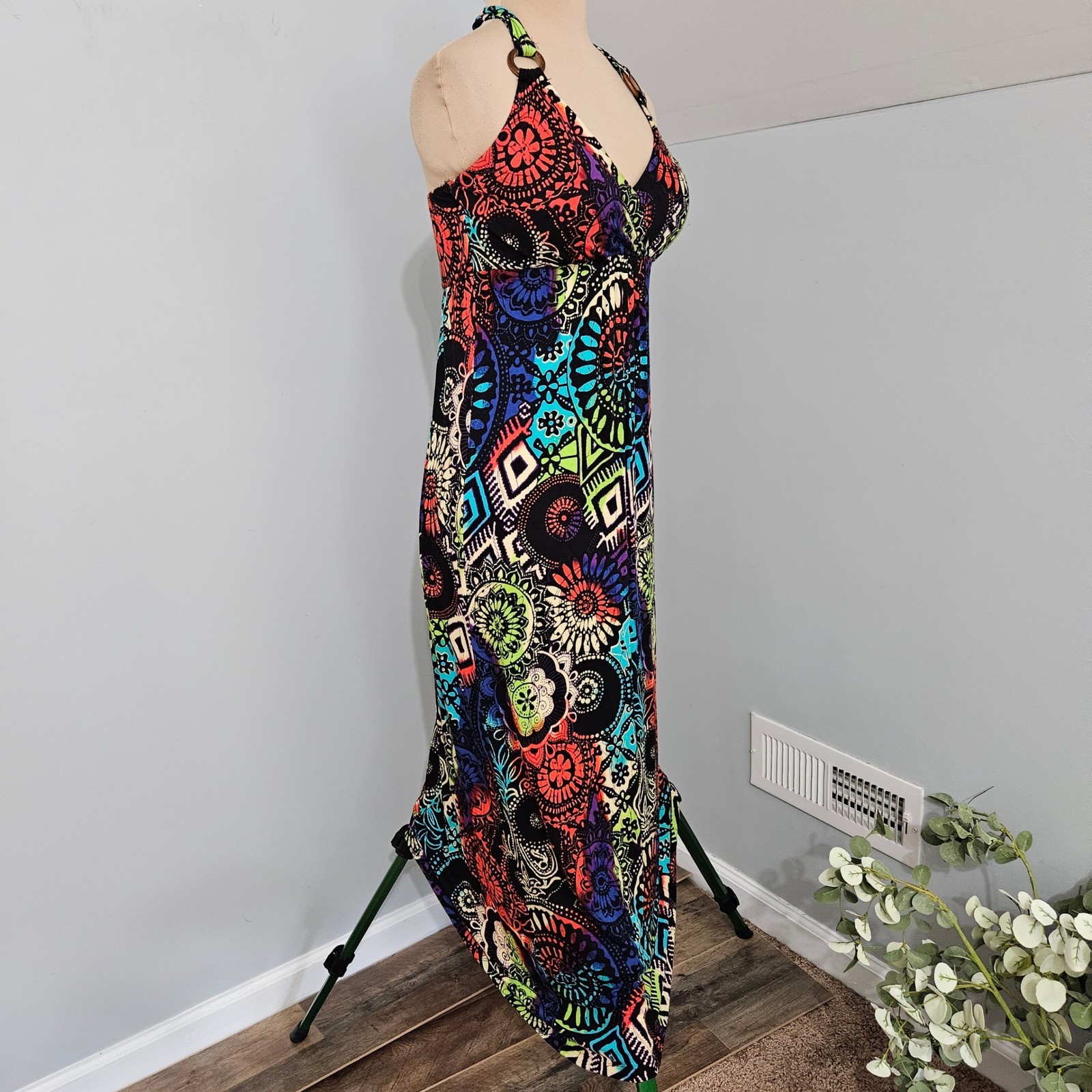 Allison Brittney Multicolor Mandala Halter Maxi Dress Wood Ring Detail Boho