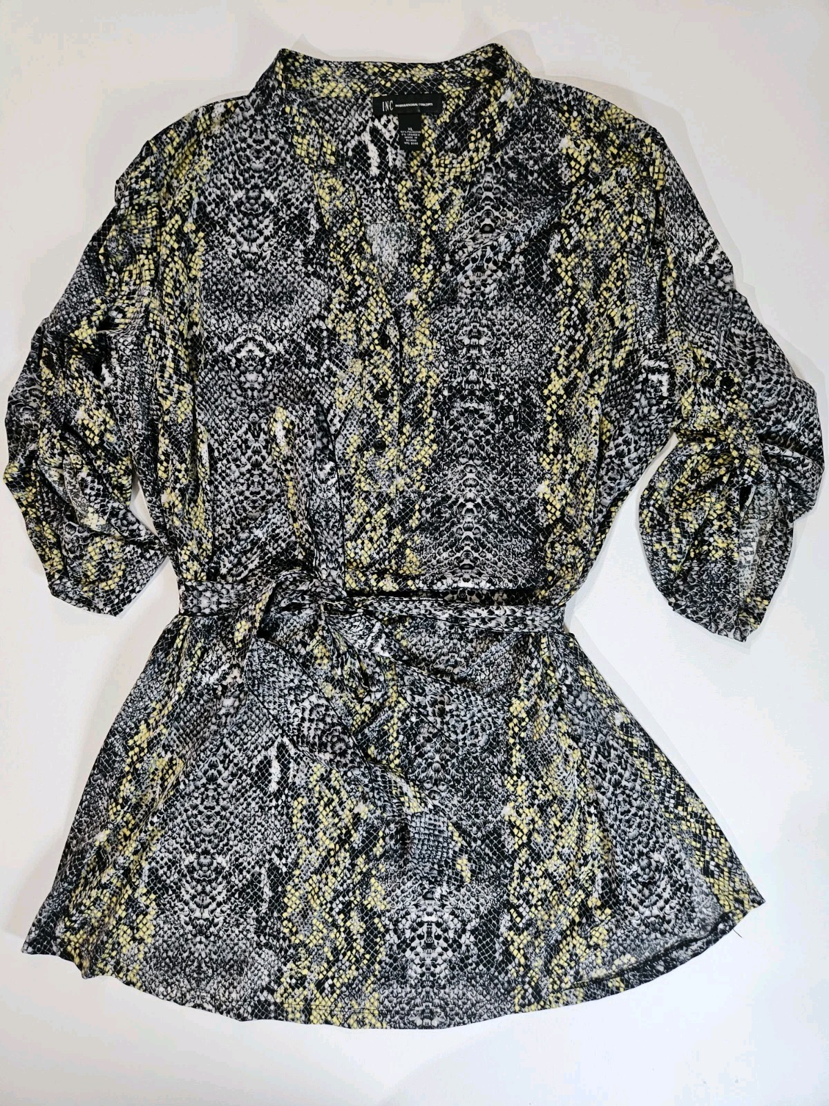 INC Mini Dress Womens Size XL Black Yellow Snakeskin Cinch Waist Fit Flare Cut