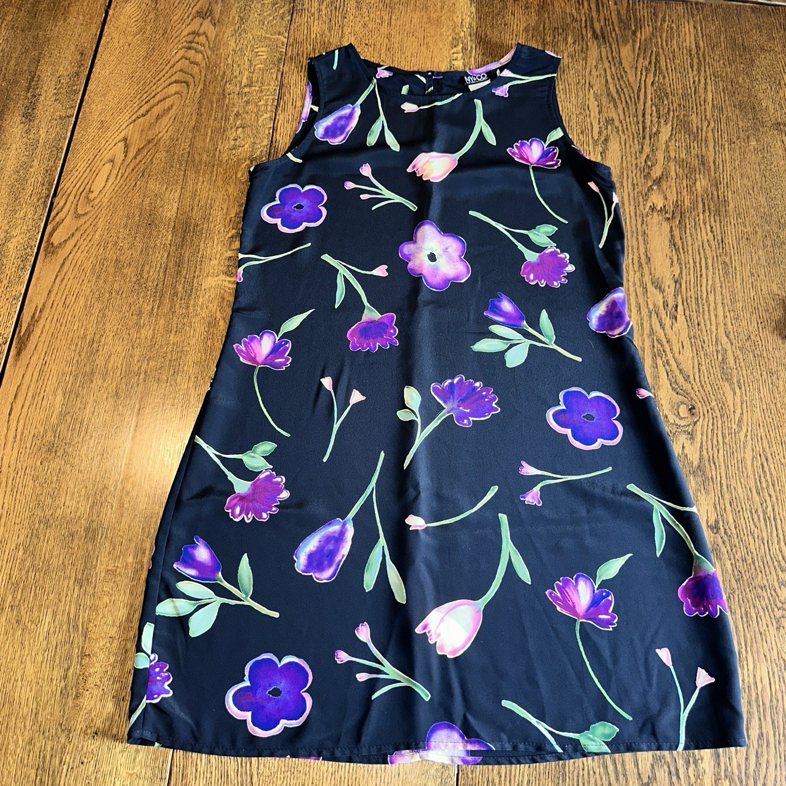Vtg 90s New York & Co Floral Shift Dress 12 Black Purple Skater Grunge NY&Co