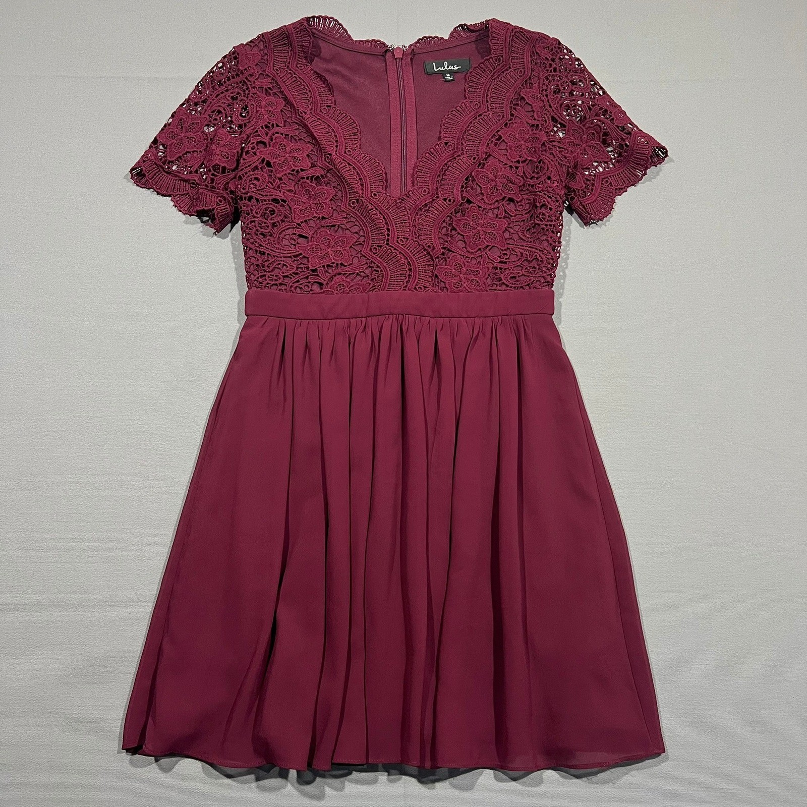 Lulus Dress Angel In Disguise Skater Burgundy Lace V-Neck Lined Women’s Size M