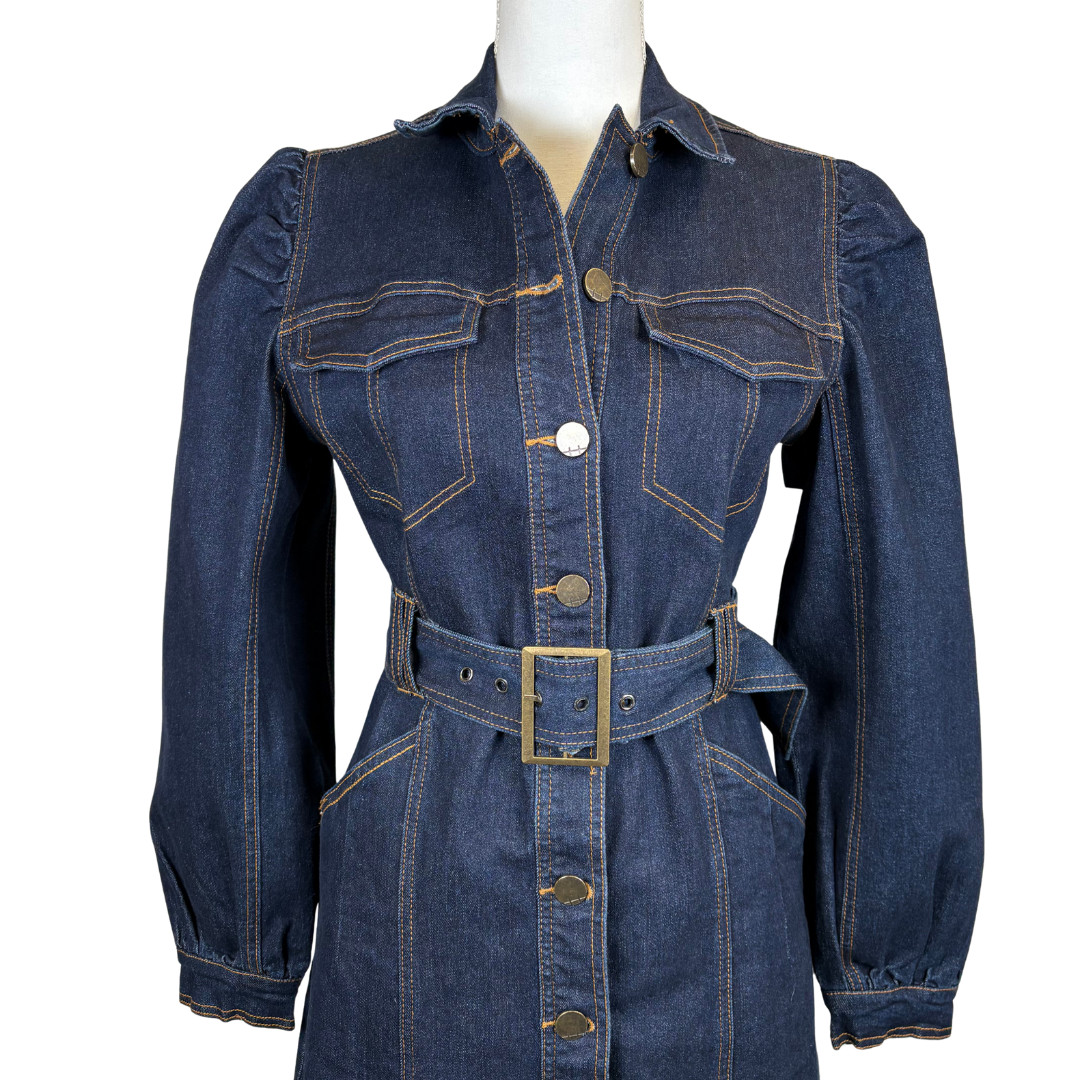 Habitual Dress Womens Small Blue Denim Belted Shirt Dress Puff Sleeves Pockets