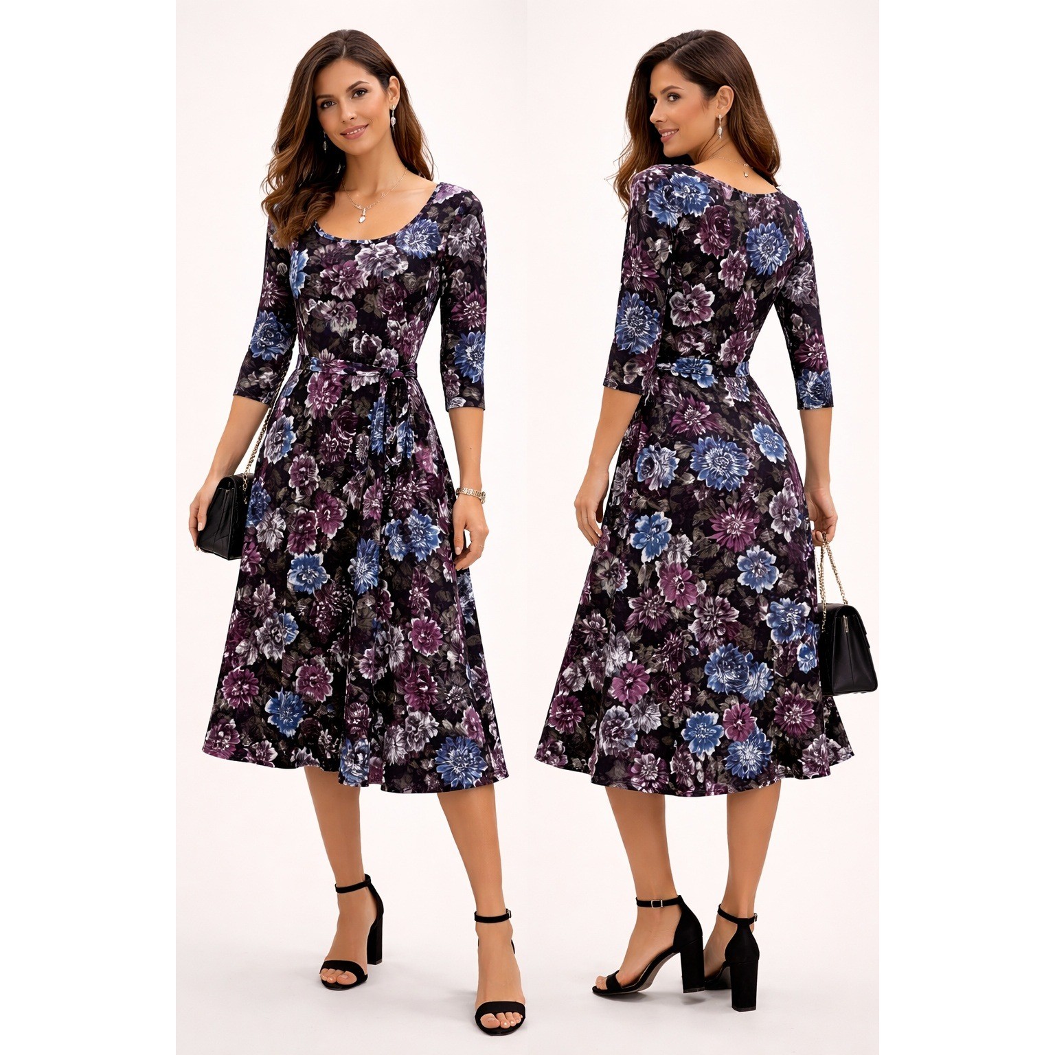 Nina Leonard Trapeze Dress 2X Berry Floral Purple Blue 3/4 Sleeve Fit & Flare