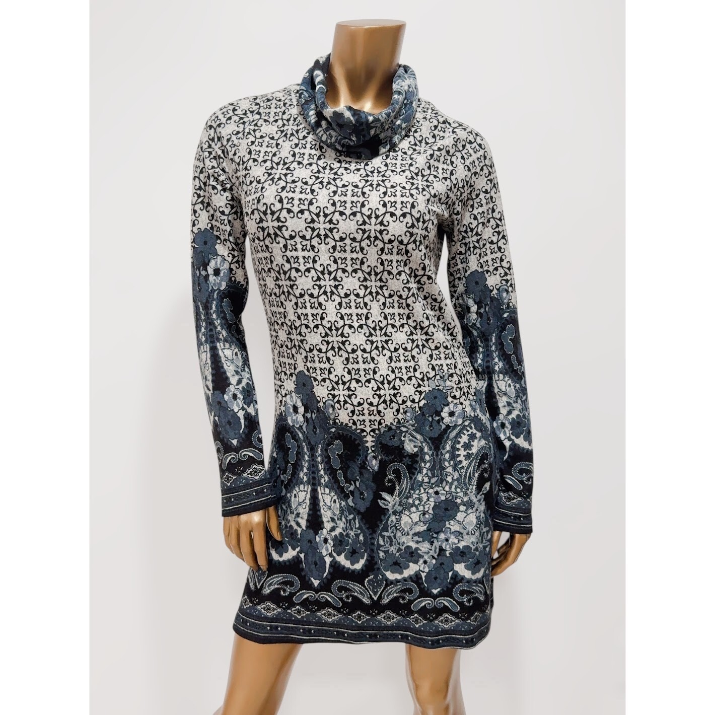 RADZOLI Women’s Grey Floral Cowl Turtleneck Long Sleeve Sweater Dress Size S