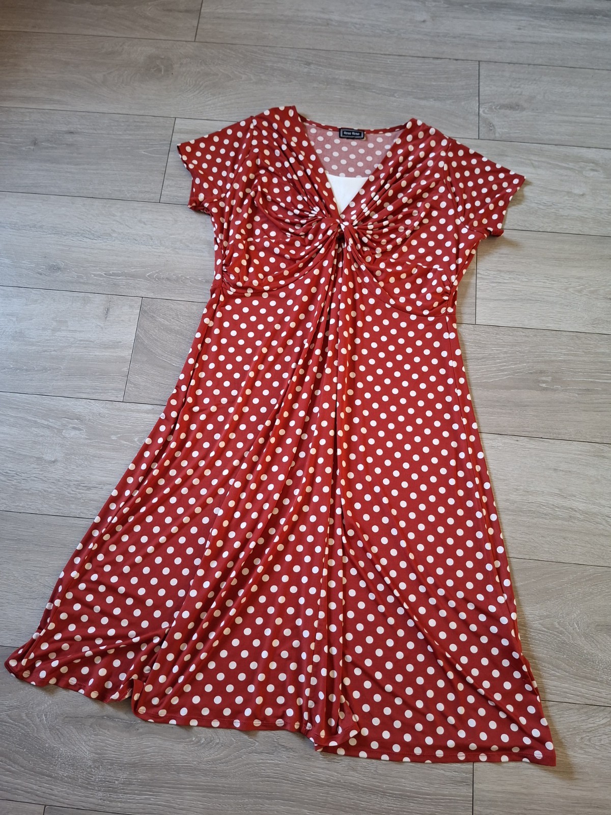 Rosa Rosa Red & White Spotted Stretch Midi Dress Flared Ruched Smart Casual UK16