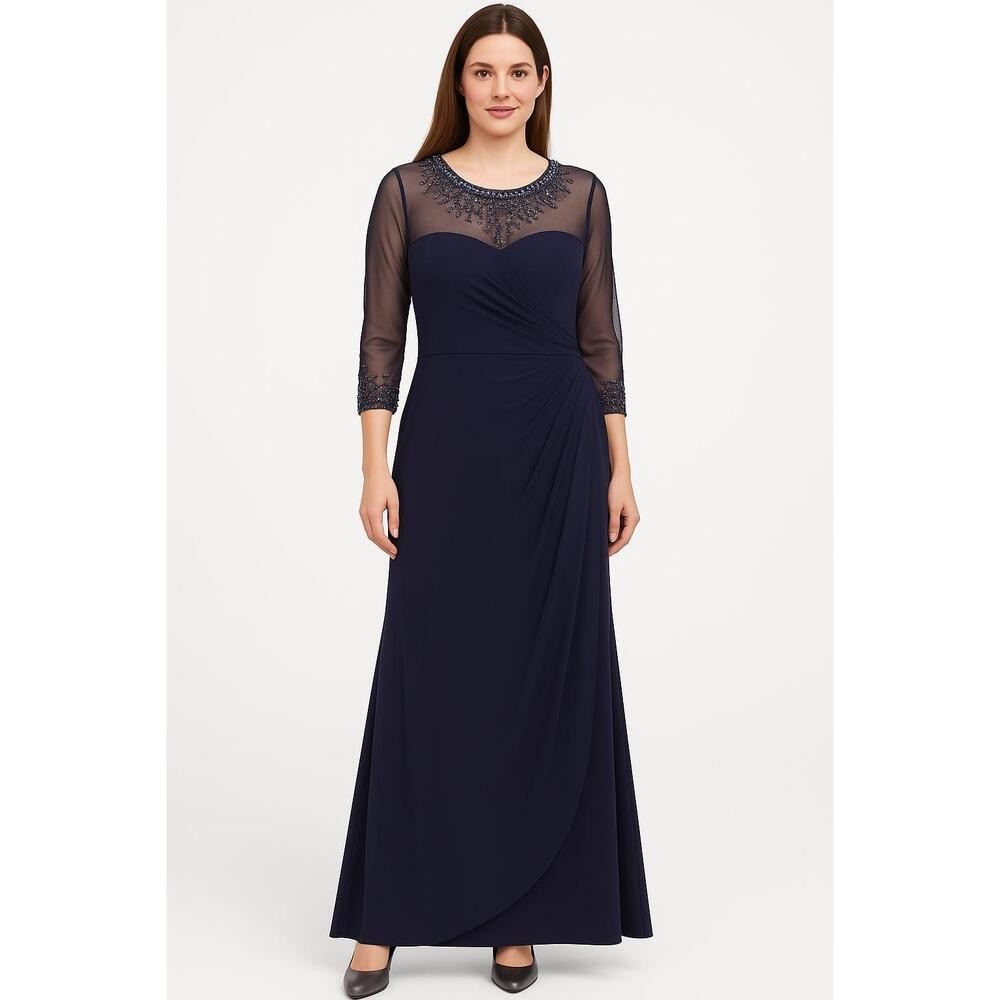 Alex Evenings Dress Womens 12 Navy Evening Gown Beaded Mesh Yoke Elegant