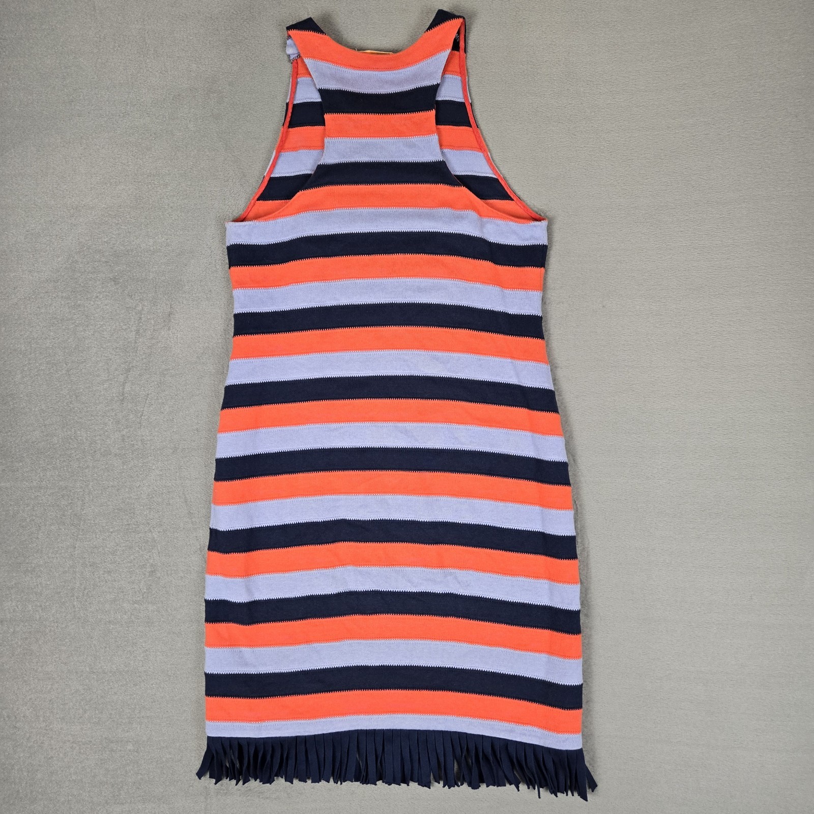 Tory Burch Ariana Dress Womens Medium Orange Blue Striped Sleeveless Fringe