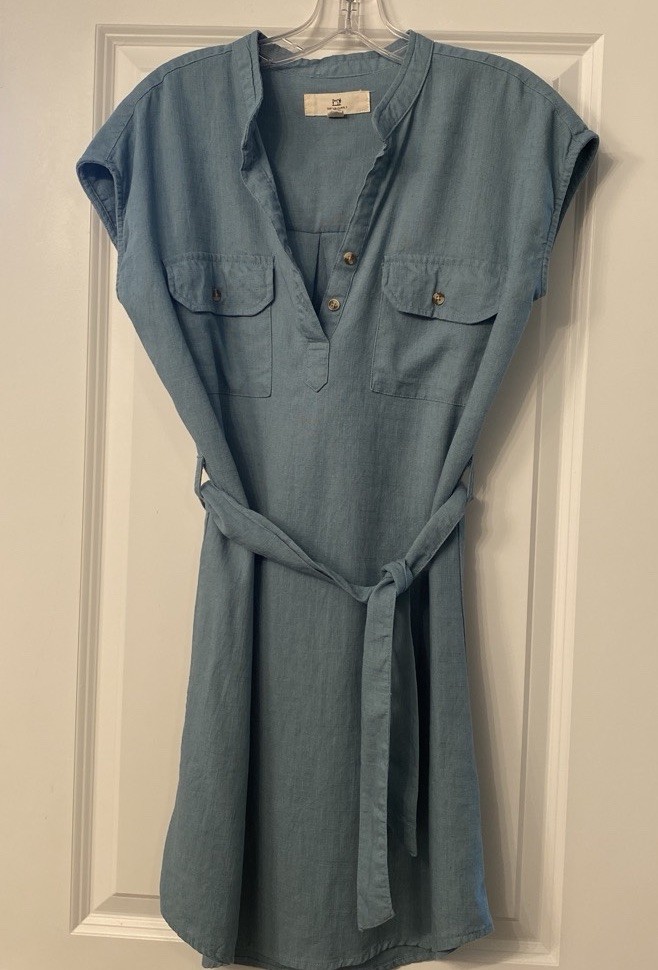 Women’s Oil Blue Button Up 80% Rayon 20% Linen Dress With Belt By Thread+Supply