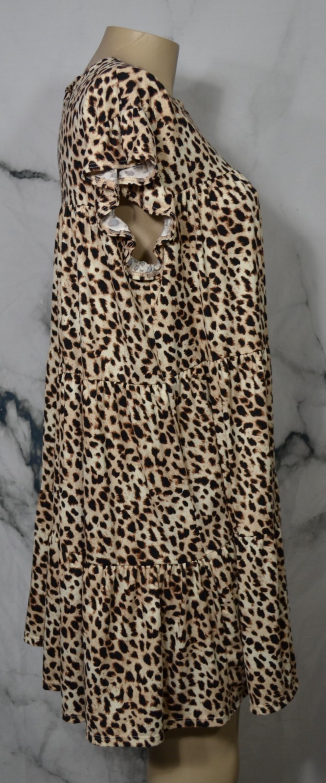 ENTRO Tan Brown Black Leopard Print Mock Neck Ruffle Sleeve Tiered Dress Large