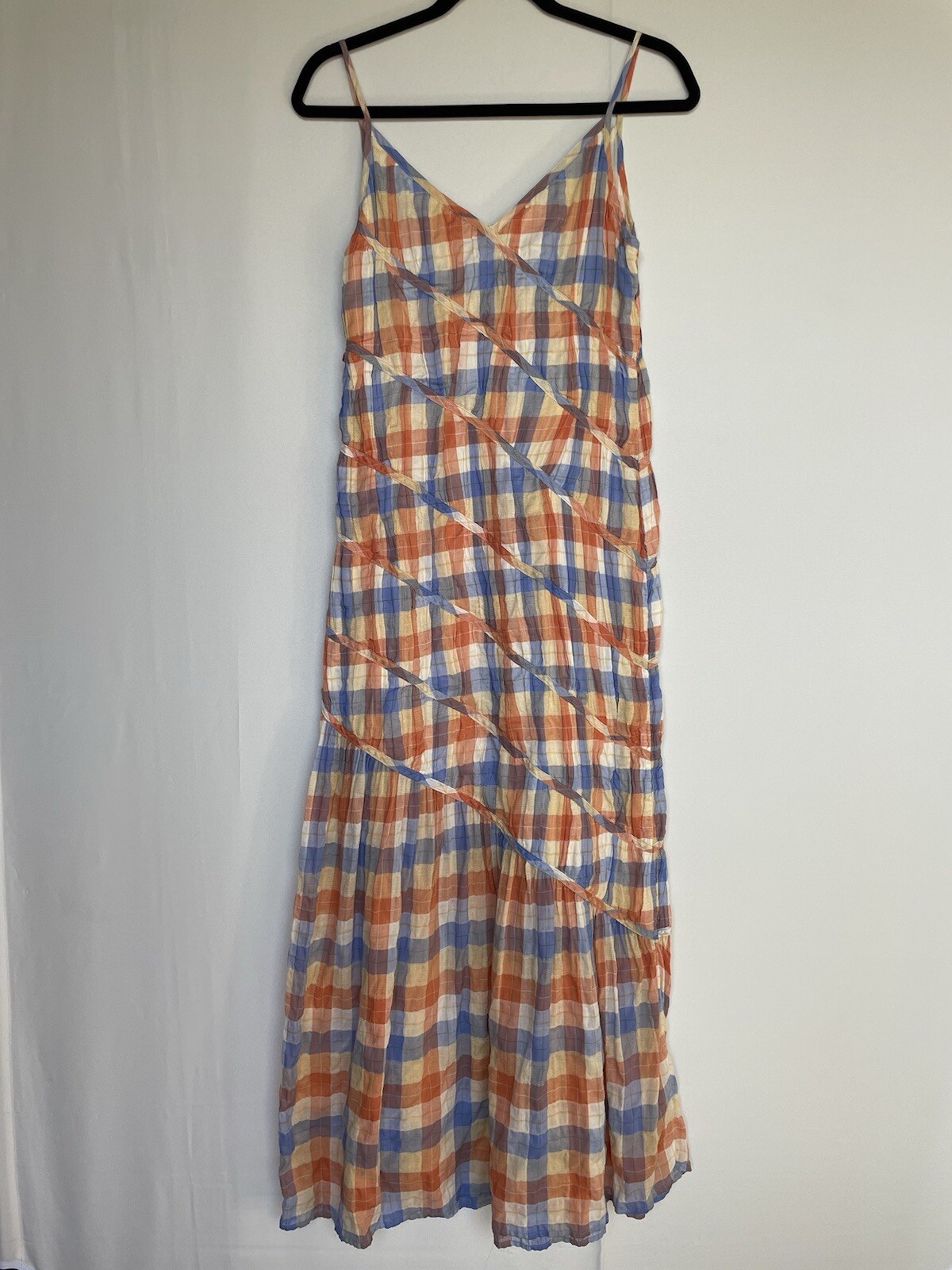 Rejina Pyo Maria checked crinkled cotton-blend maxi slip dress size UK 8 US 4 S