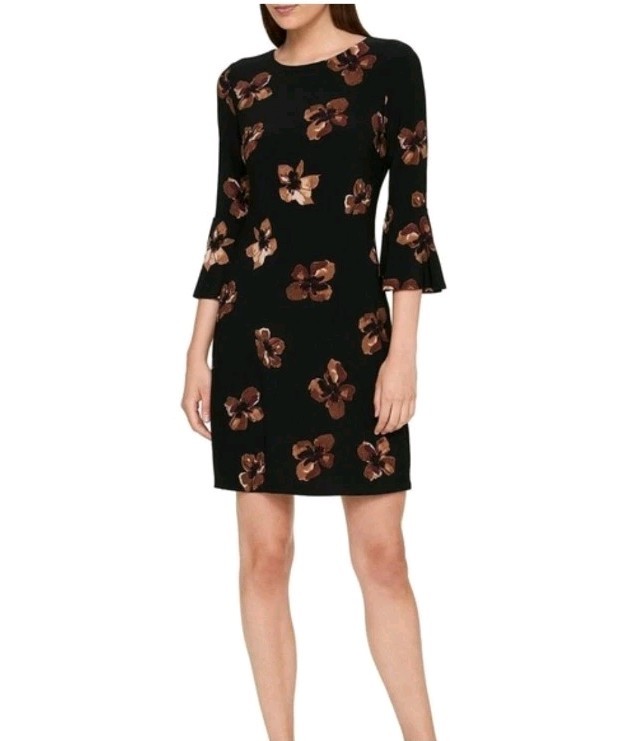 Tommy Hilfiger Brown Tan Floral 3/4 Bell Sleeve Dress Women’s Size 8