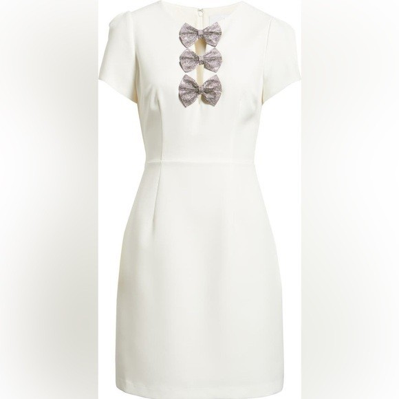 New Sam Edelman Rhinestone Bow Detail Satin Dress White Mini Short Sleeve Sz 8