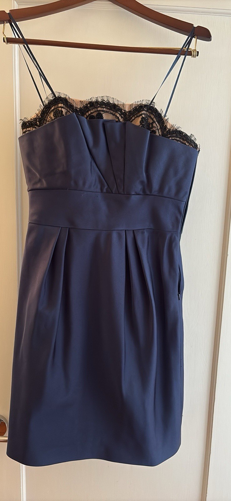 Women’s Couture Navy Blue Dress With Black Lace Trim By Carmen Marc Valvo Size 4