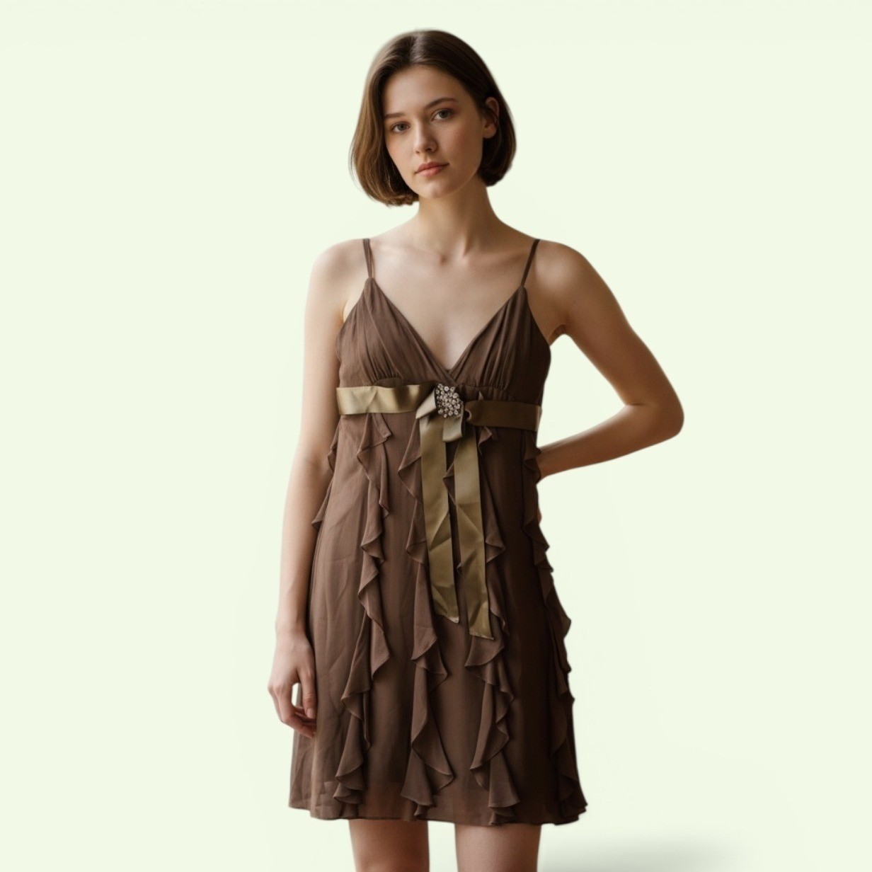 BCBGMAXAZRIA Brown 100% Silk Ruffle Mini Dress Rhinestone Brooch Empire Waist 4