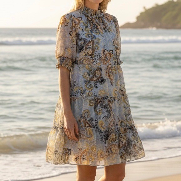 Paisley Smocked Tiered Dress Blue XL/NWT Nordstrom Cottagecore Summer Travel