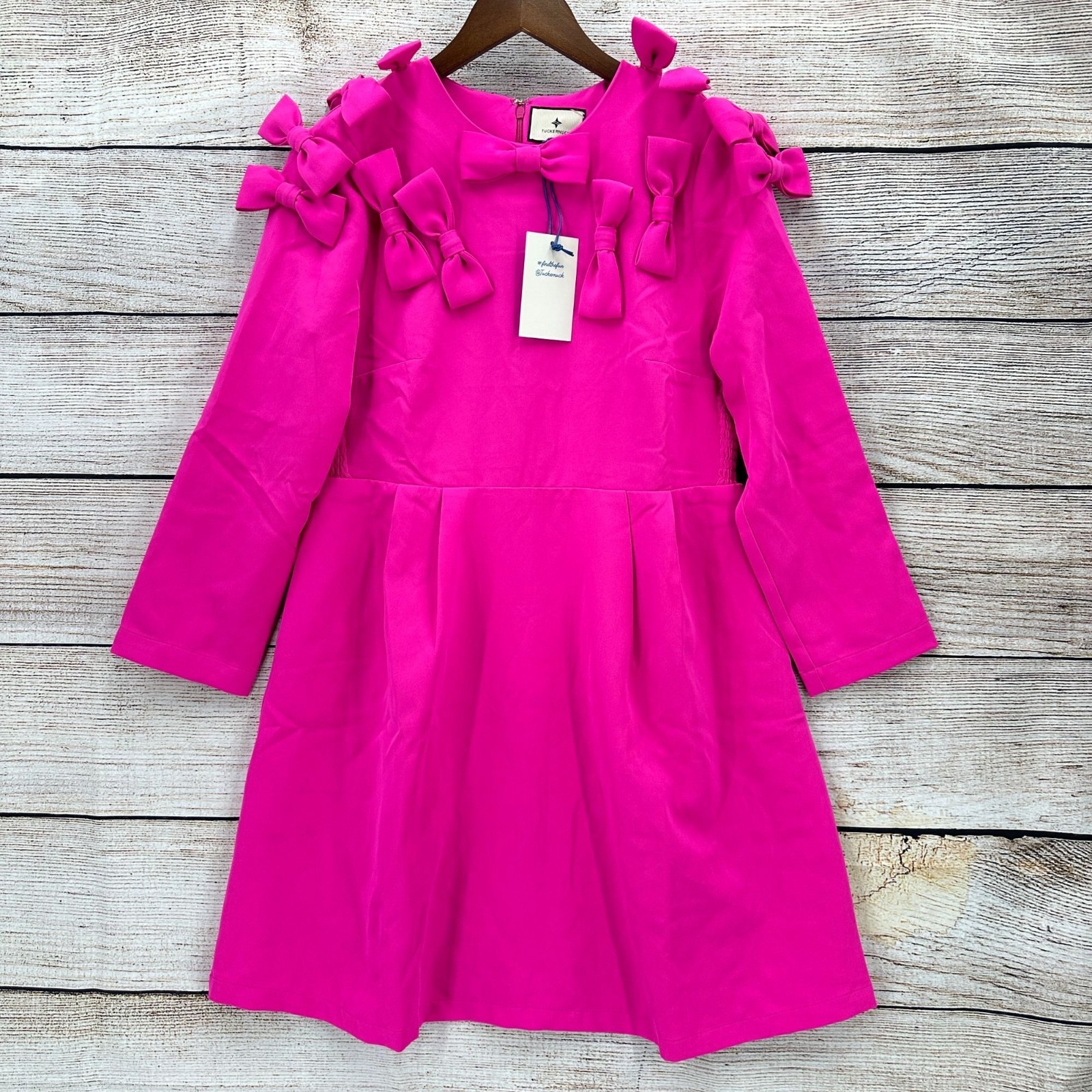 Tuckernuck Dress Womens Designer Size M Fuchsia Bows Lined Long Sleeve Pockets