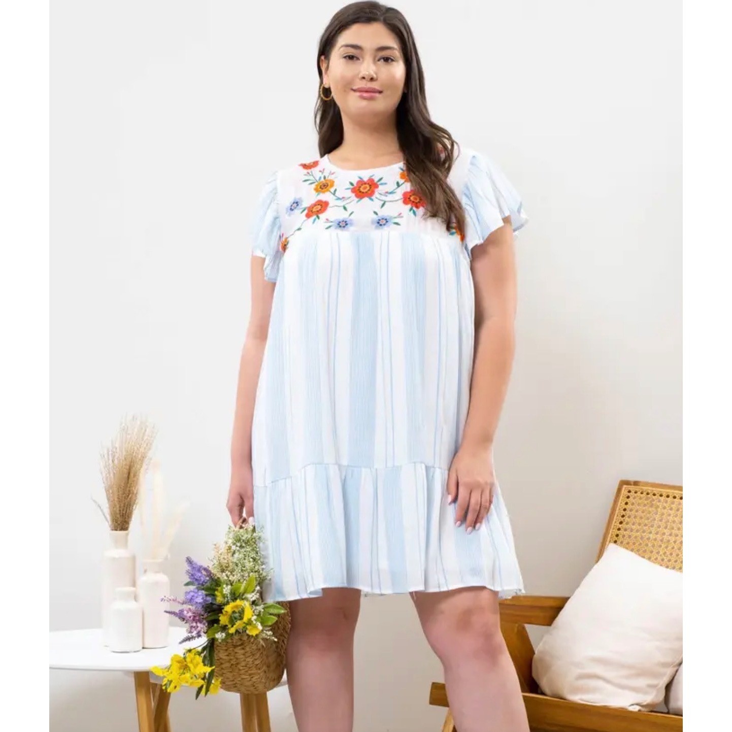 Perch Anthropologie Womens 3XL Blue Striped Floral Embroidered Babydoll Dress