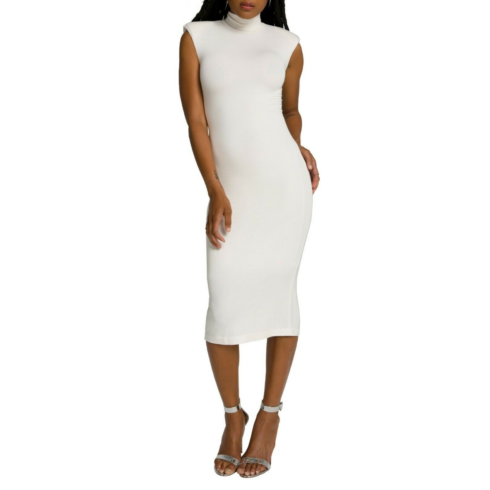 Good American Power Mock Neck Midi Dress 0 Ivory Bodycon Back Slit Stretch