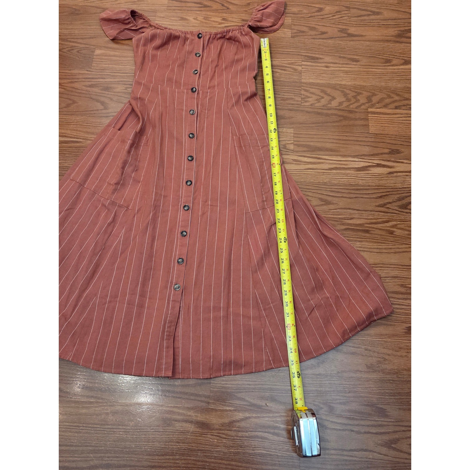 Lulus Rust Orange Pinstripe Linen Blend Button Front Midi Dress Womens Medium