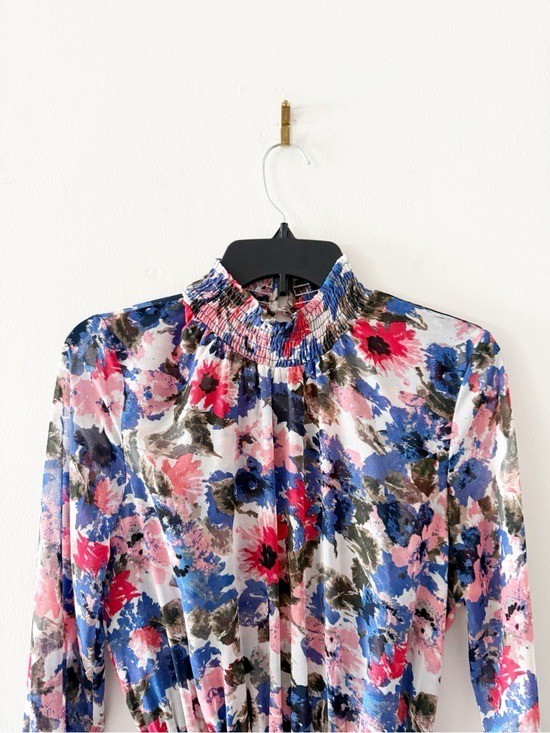 MISA Savannah Chiffon Floral Print High Low Long Sleeve Dress Size Small (S)
