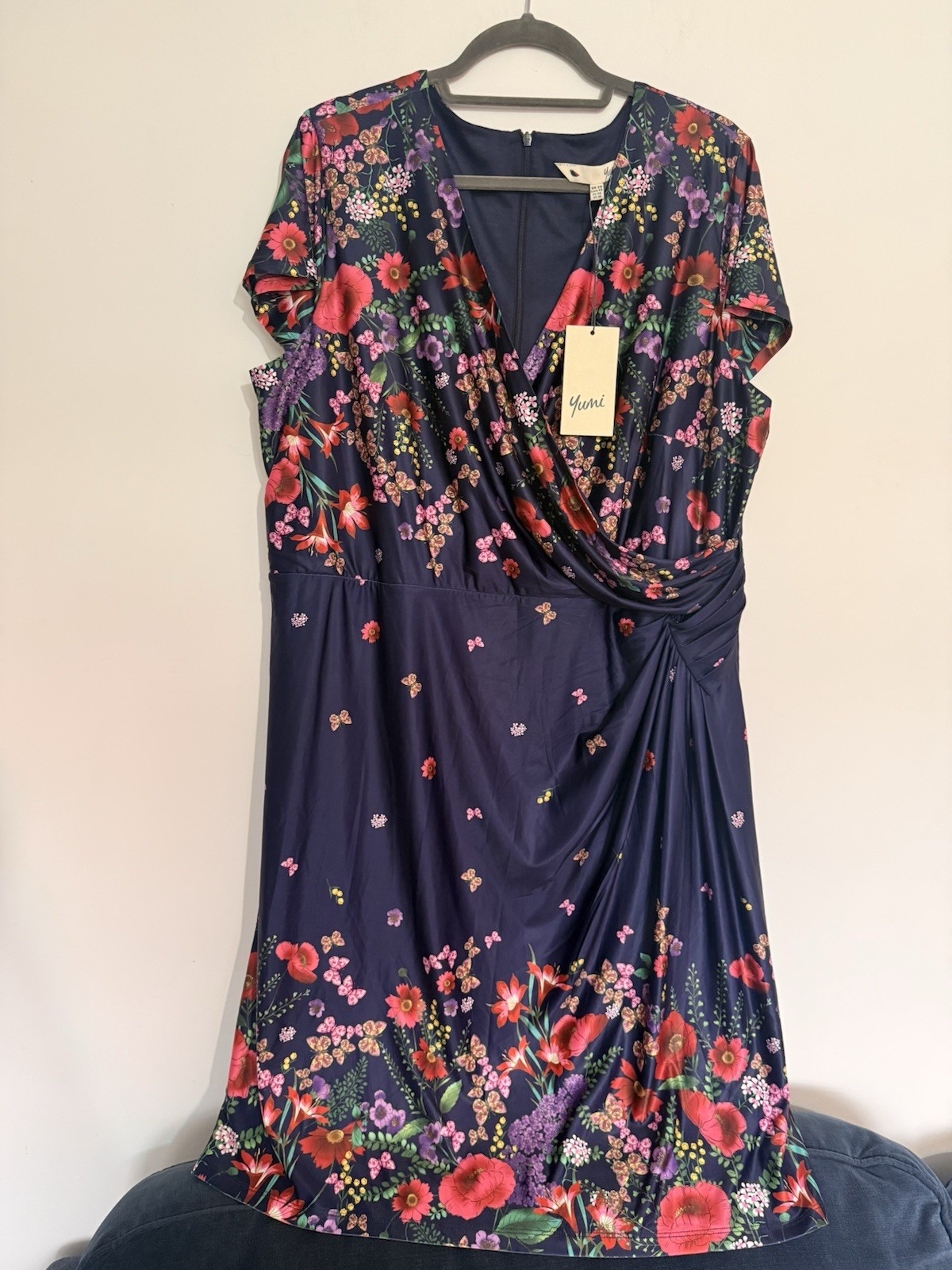 Brand New Yumi Navy Floral Wrap Dress Uk 20 Party Wedding Guest Fit And Flare