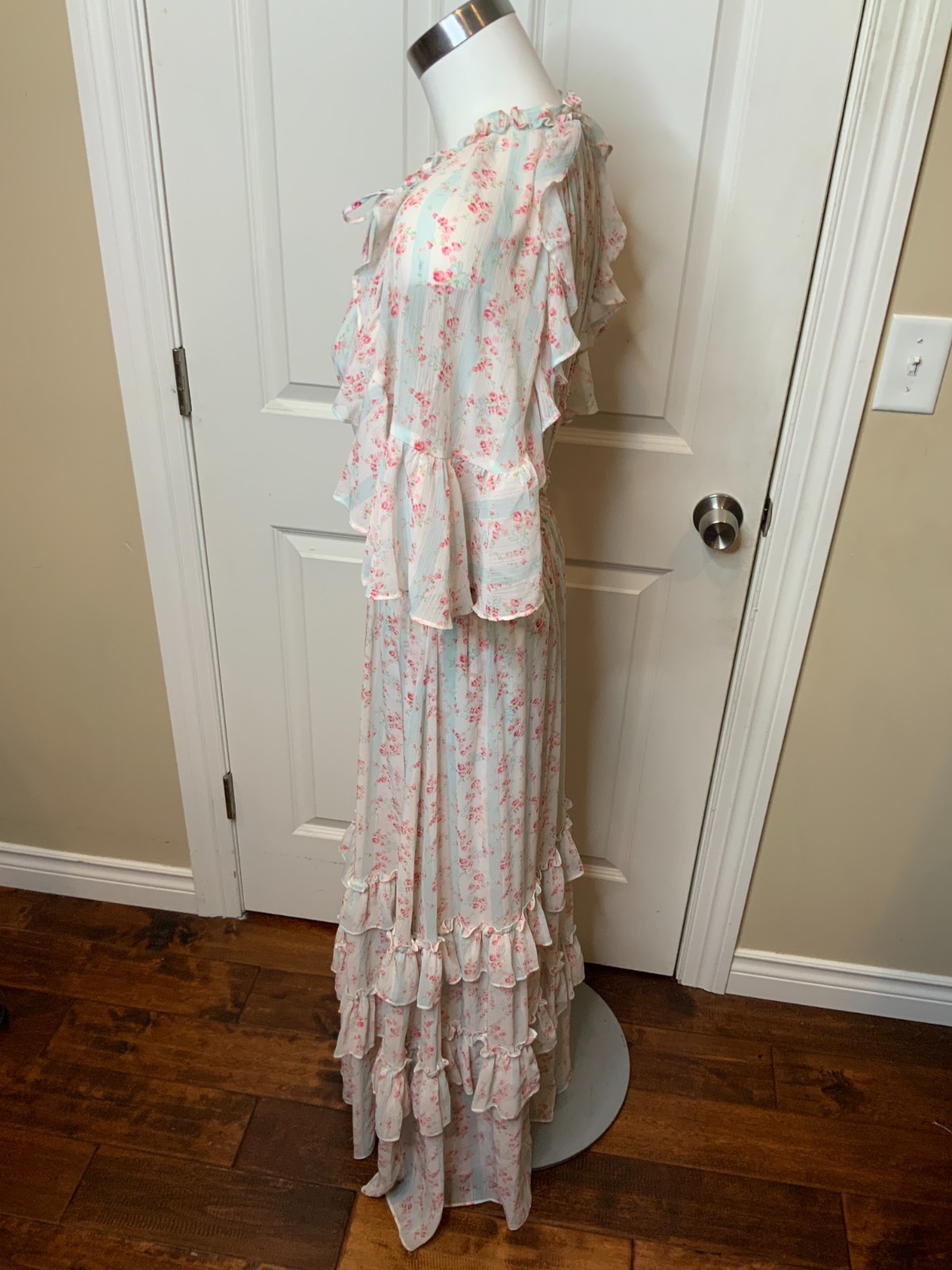 Needle & Thread Molly Blue Floral Blossom Crepe Ruffle Maxi Dress, Size 8