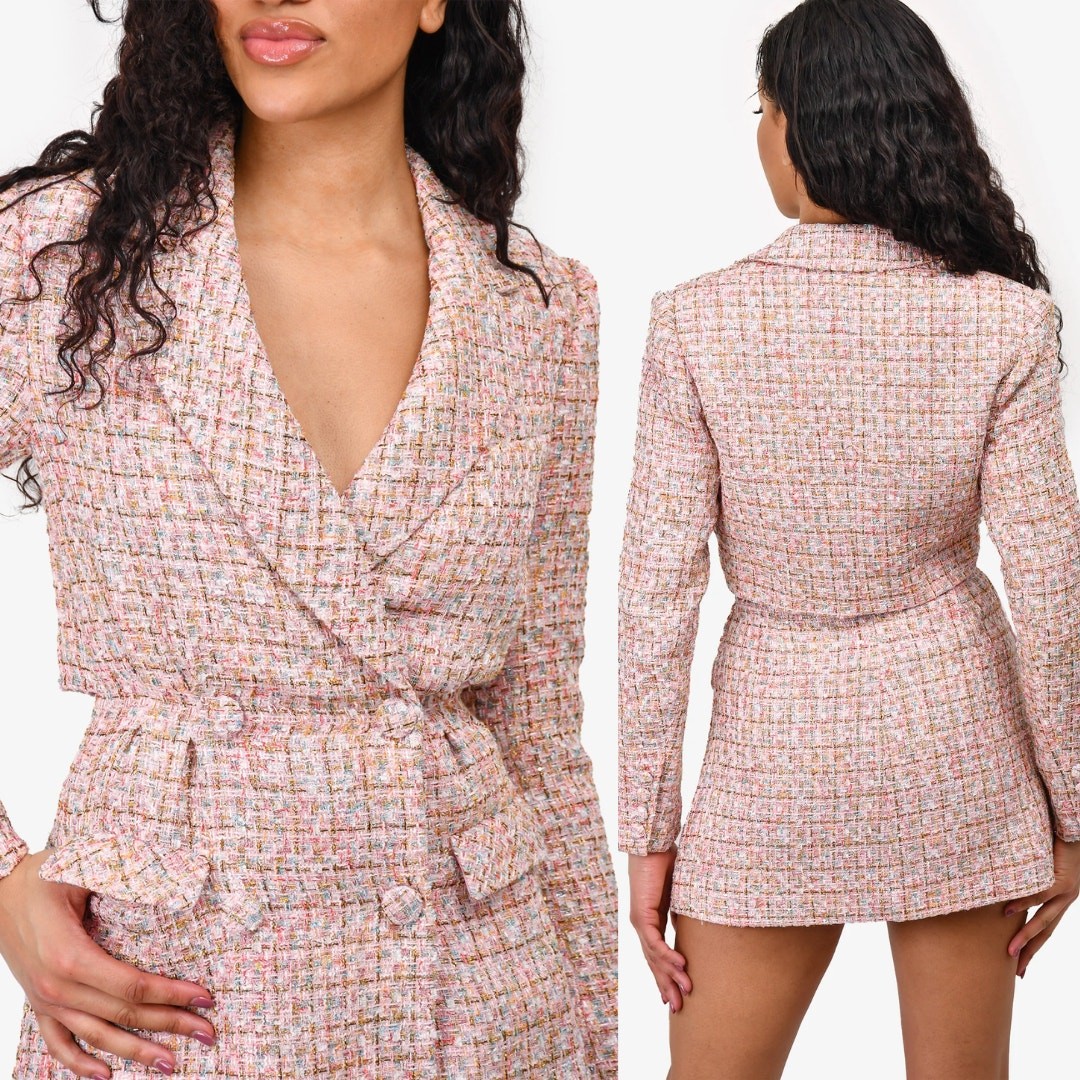 Self-Portrait Tweed Boucle Mini Dress Pink Gold Sequin Long Sleeve Suit Blazer 8