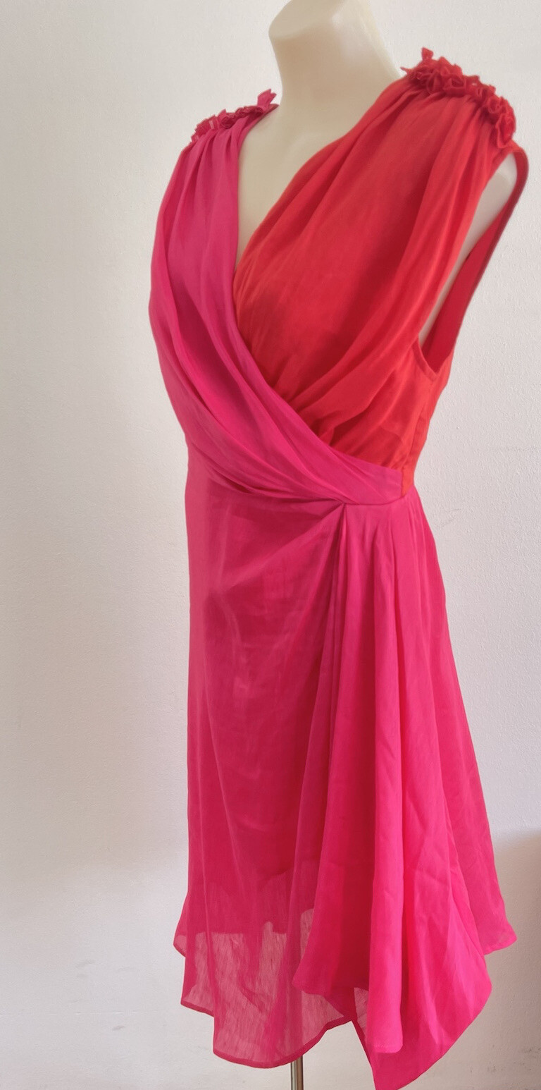 LEO LIN Silk Midi Dress Pink Red Draped Asymmetric Grecian Party Size AU 12 L