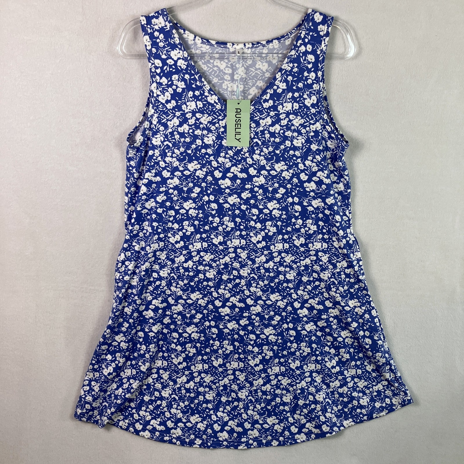 Auselily Sleeveless V-Neck Swing Tank Dress Women’s Size L Blue Ditsy Floral NWT