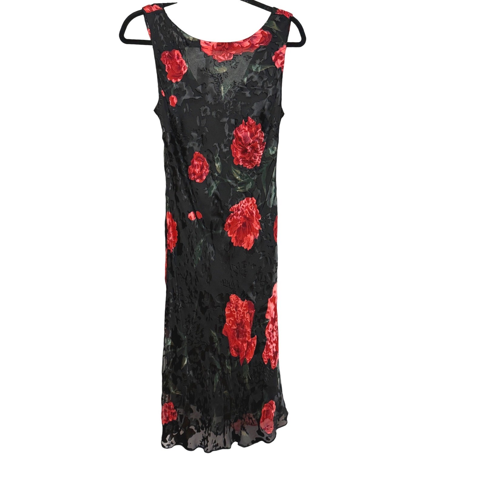 Black Silk Blend Red Floral Burnout Devore Midi Dress Womens 10