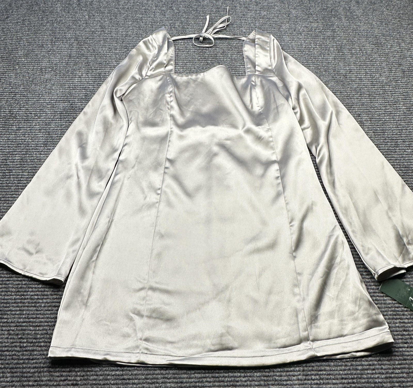 Wild Fable Dress Womens Medium Silver Satin Square Neck Tie Back Bell Sleeve