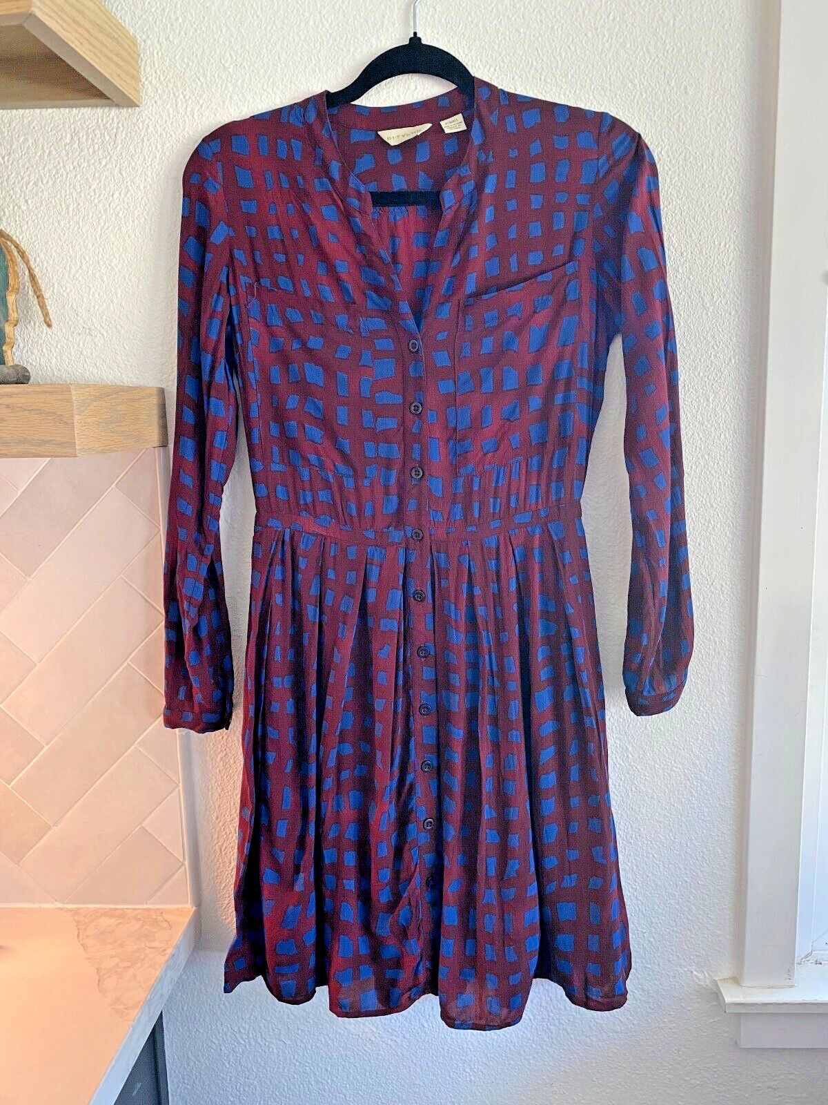 Anthropologie 11•1• TYLHO Dress XS Burgundy Blue Geometric Fit Flare Button Up