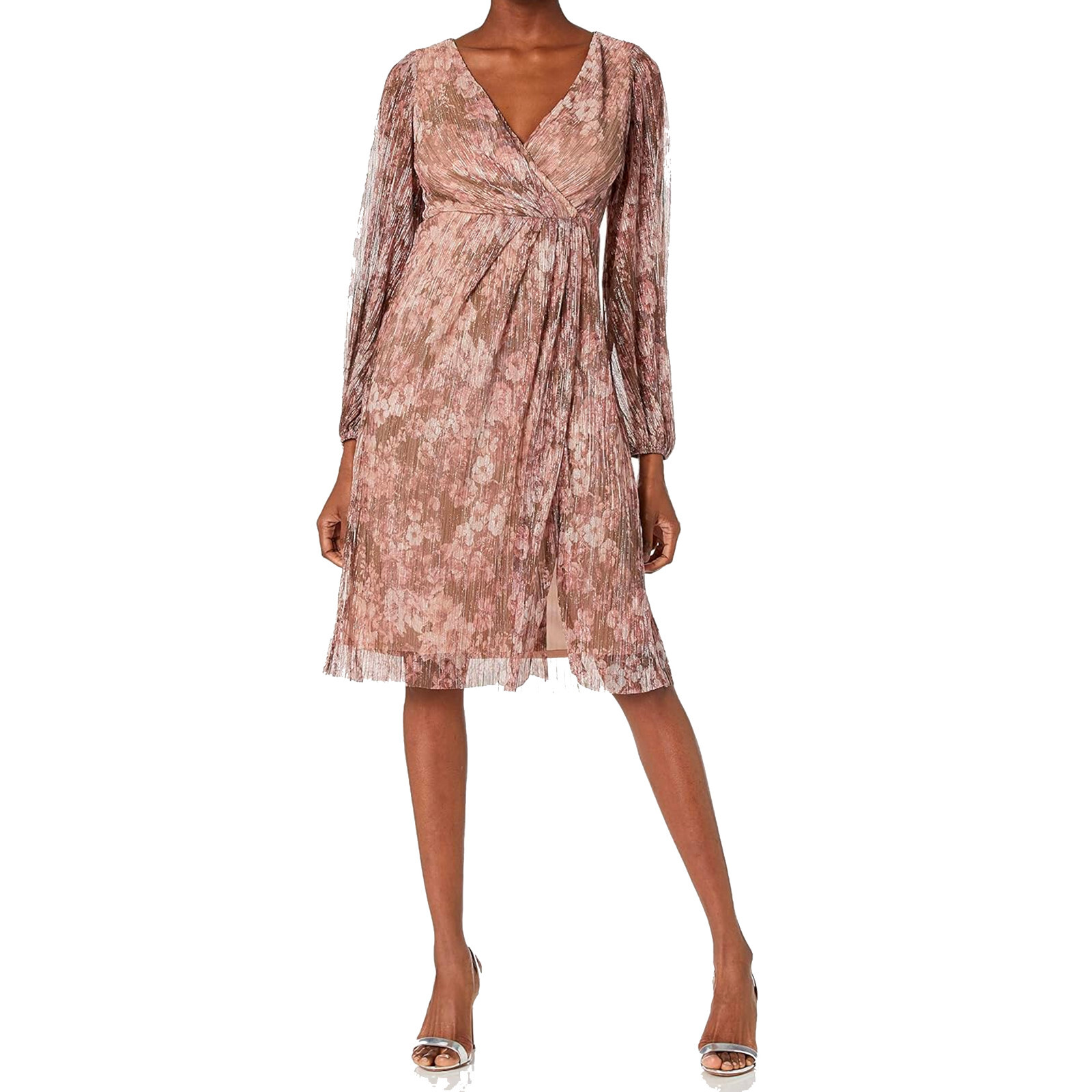 Adrianna Papell Size 8 Pink Gold Metallic Midi Dress V Neck Long Sleeve Party